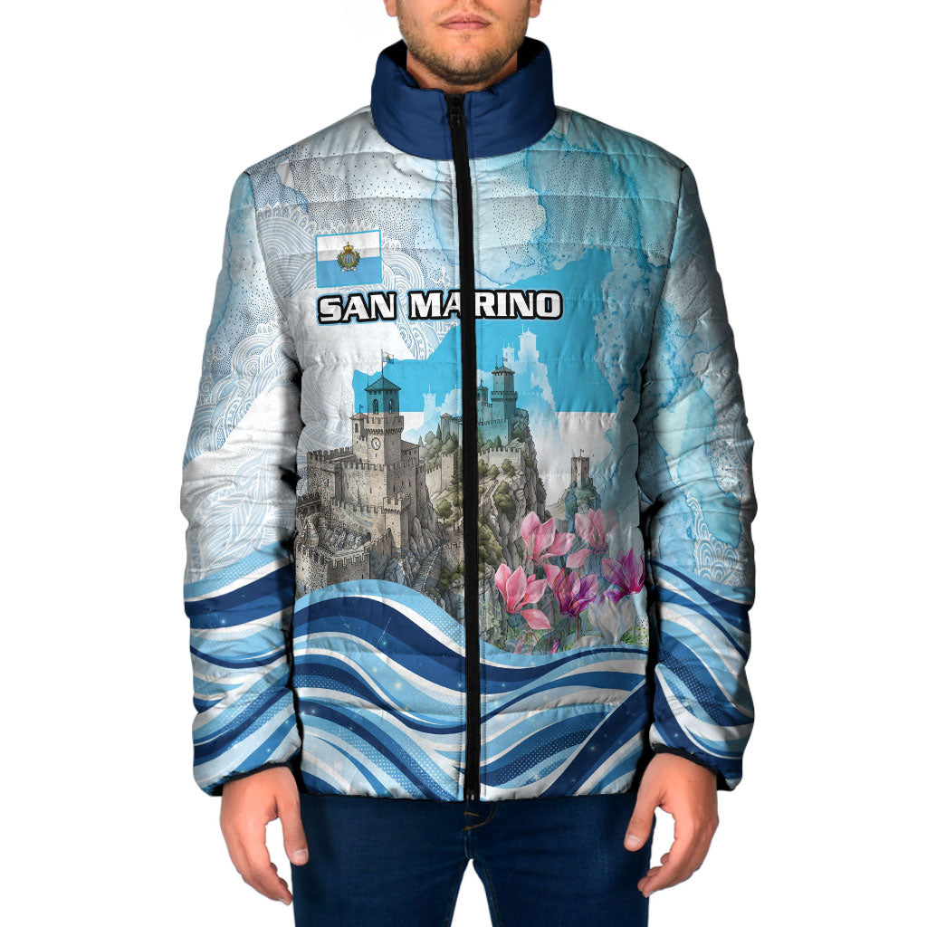 San Marino Foundation Day Padded Jacket Mount Titano Fortress Fox Falcon And Cyclamen
