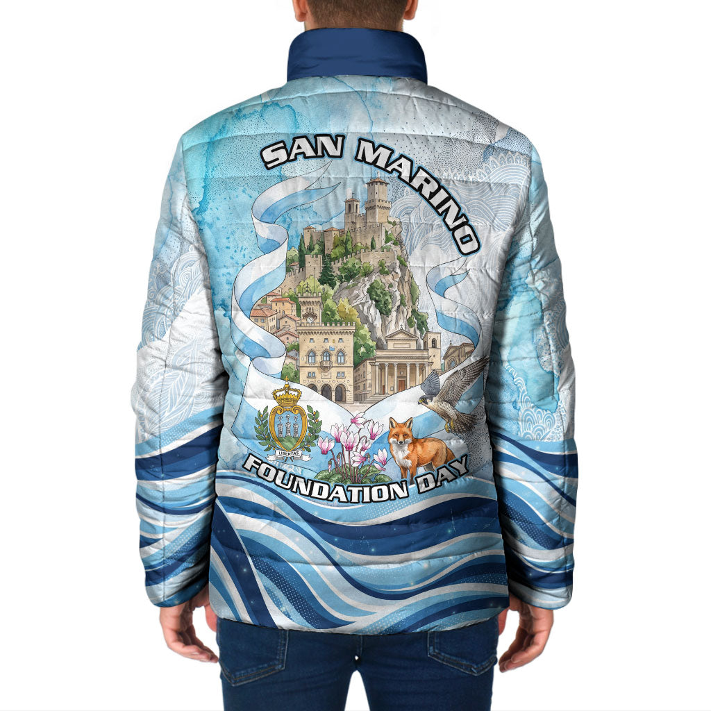 San Marino Foundation Day Padded Jacket Mount Titano Fortress Fox Falcon And Cyclamen