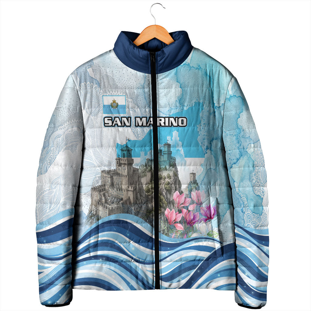 San Marino Foundation Day Padded Jacket Mount Titano Fortress Fox Falcon And Cyclamen