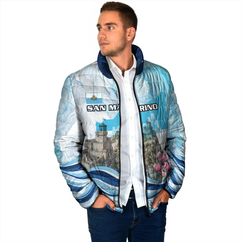 San Marino Foundation Day Padded Jacket Mount Titano Fortress Fox Falcon And Cyclamen