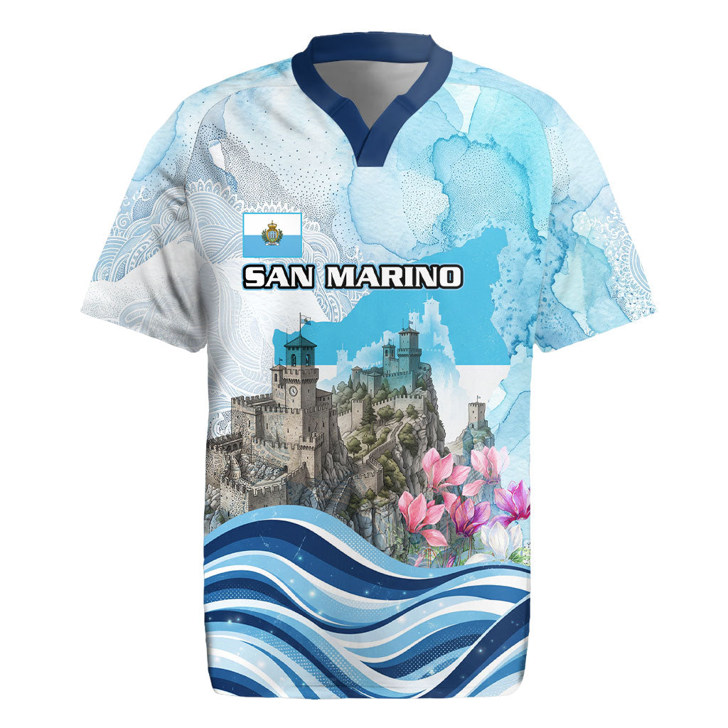 San Marino Foundation Day Rugby Jersey Mount Titano Fortress Fox Falcon And Cyclamen