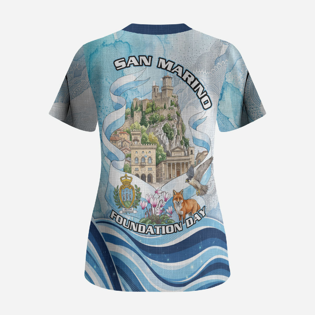 San Marino Foundation Day Scrub Top Mount Titano Fortress Fox Falcon And Cyclamen