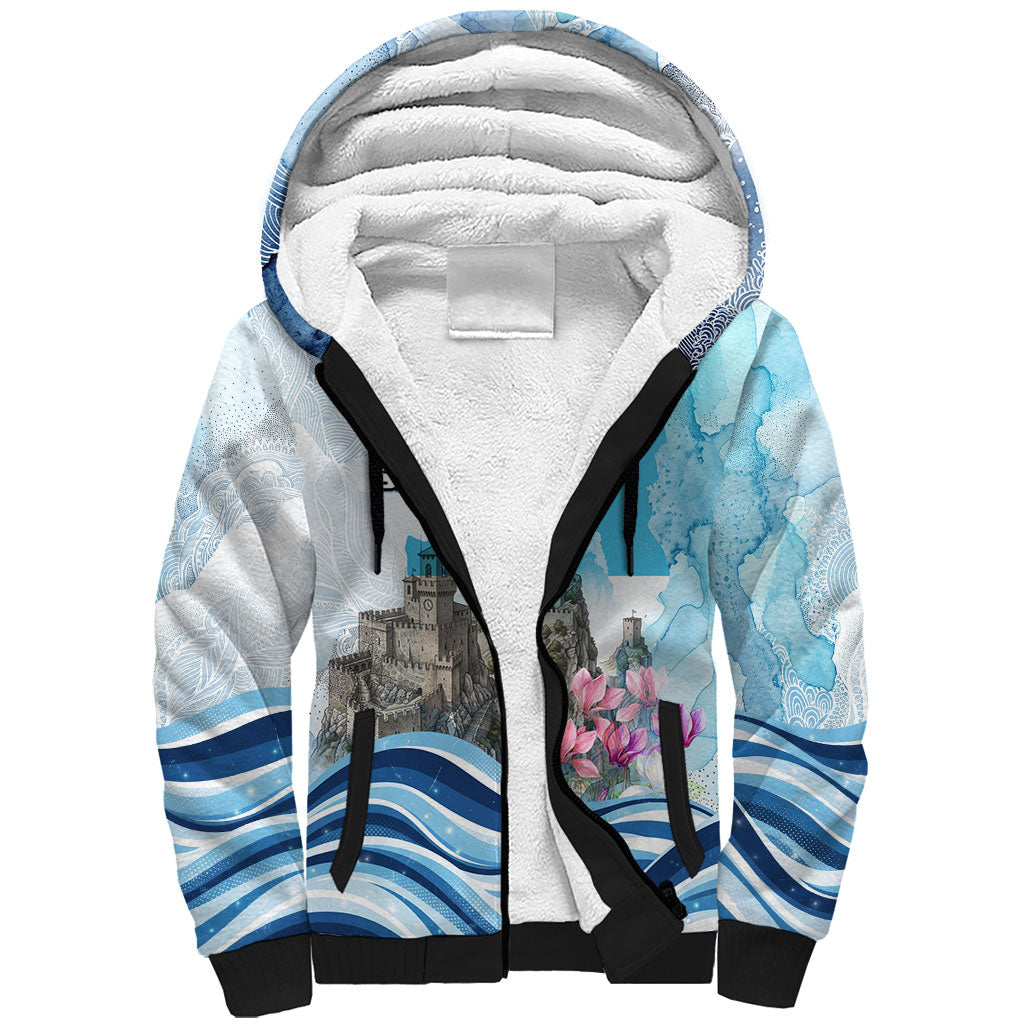 San Marino Foundation Day Sherpa Hoodie Mount Titano Fortress Fox Falcon And Cyclamen