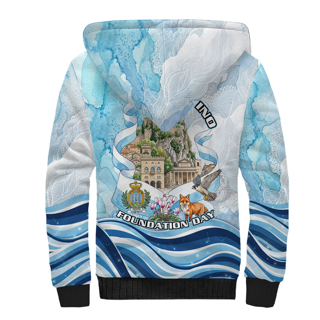 San Marino Foundation Day Sherpa Hoodie Mount Titano Fortress Fox Falcon And Cyclamen