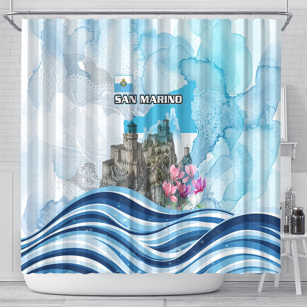 San Marino Foundation Day Shower Curtain Mount Titano Fortress Fox Falcon And Cyclamen