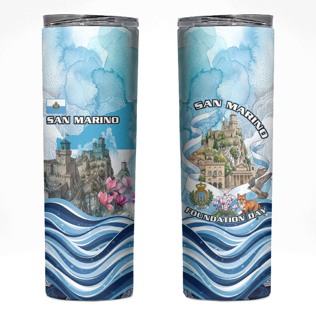 San Marino Foundation Day Skinny Tumbler Mount Titano Fortress Fox Falcon And Cyclamen