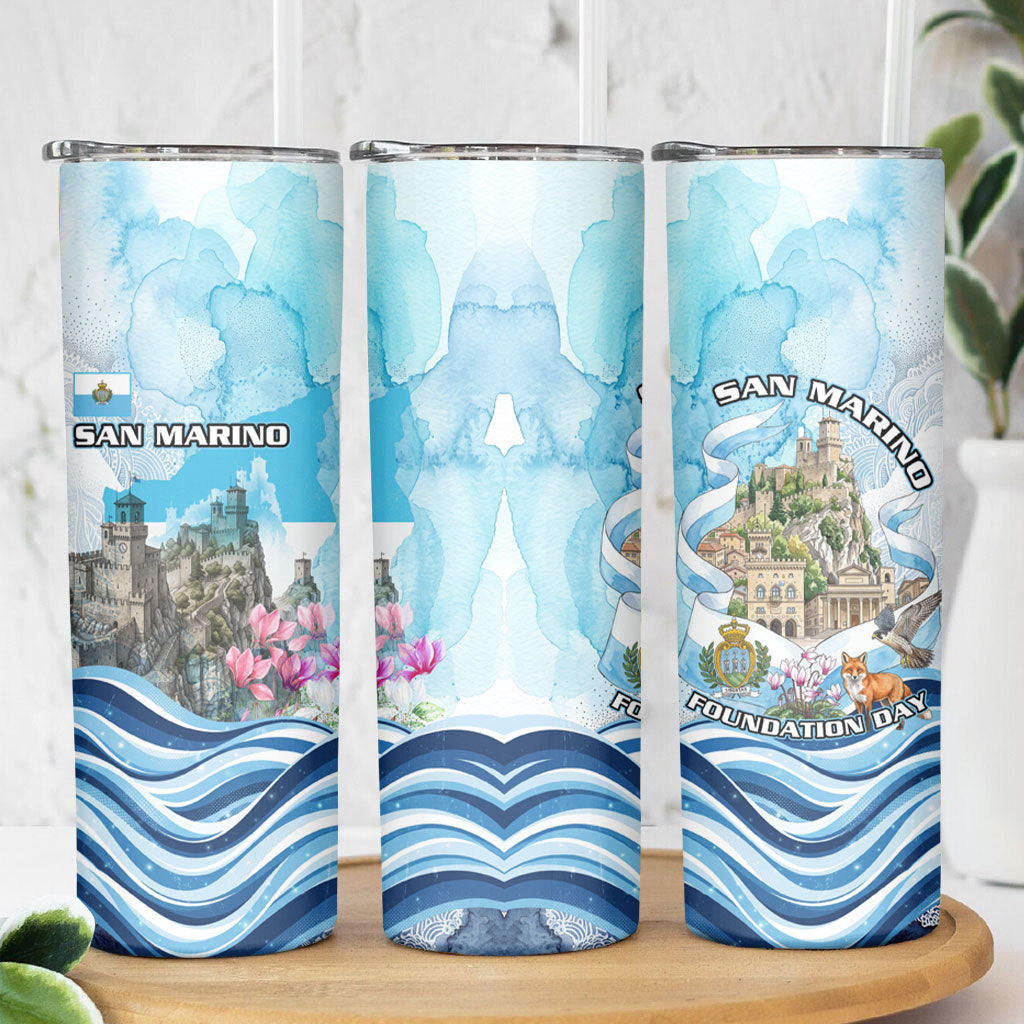 San Marino Foundation Day Skinny Tumbler Mount Titano Fortress Fox Falcon And Cyclamen