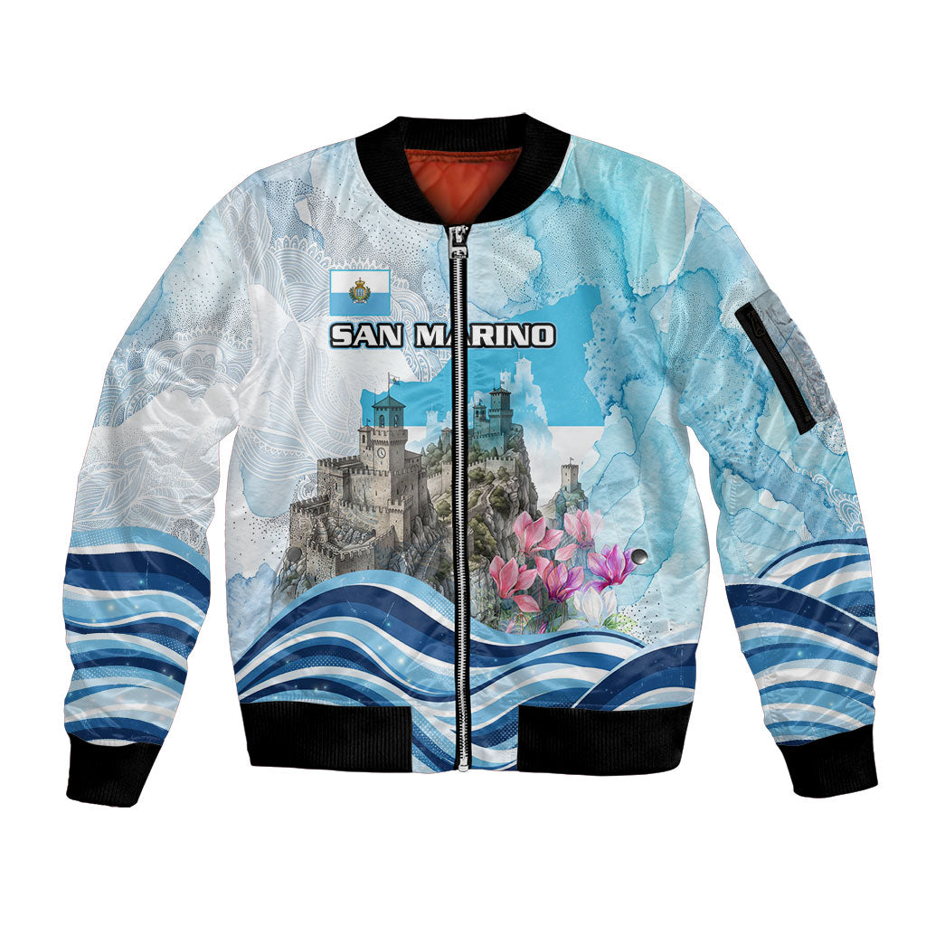 San Marino Foundation Day Sleeve Zip Bomber Jacket Mount Titano Fortress Fox Falcon And Cyclamen