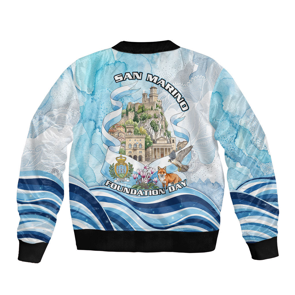 San Marino Foundation Day Sleeve Zip Bomber Jacket Mount Titano Fortress Fox Falcon And Cyclamen
