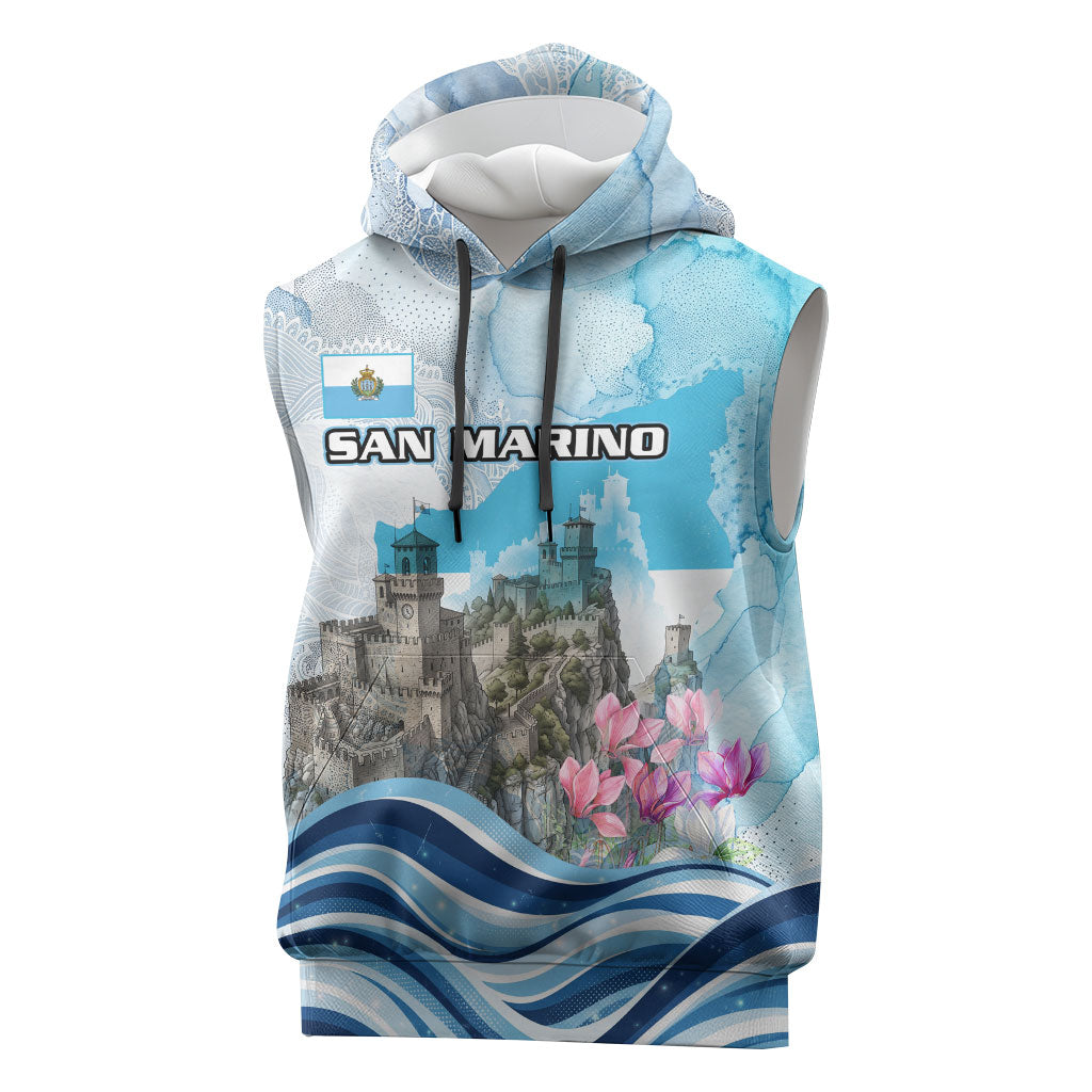 San Marino Foundation Day Sleeveless Hoodie Mount Titano Fortress Fox Falcon And Cyclamen