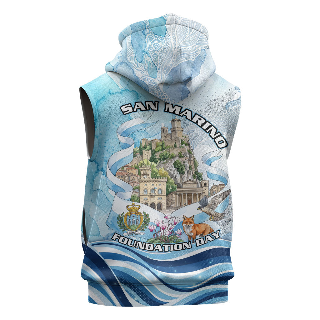 San Marino Foundation Day Sleeveless Hoodie Mount Titano Fortress Fox Falcon And Cyclamen