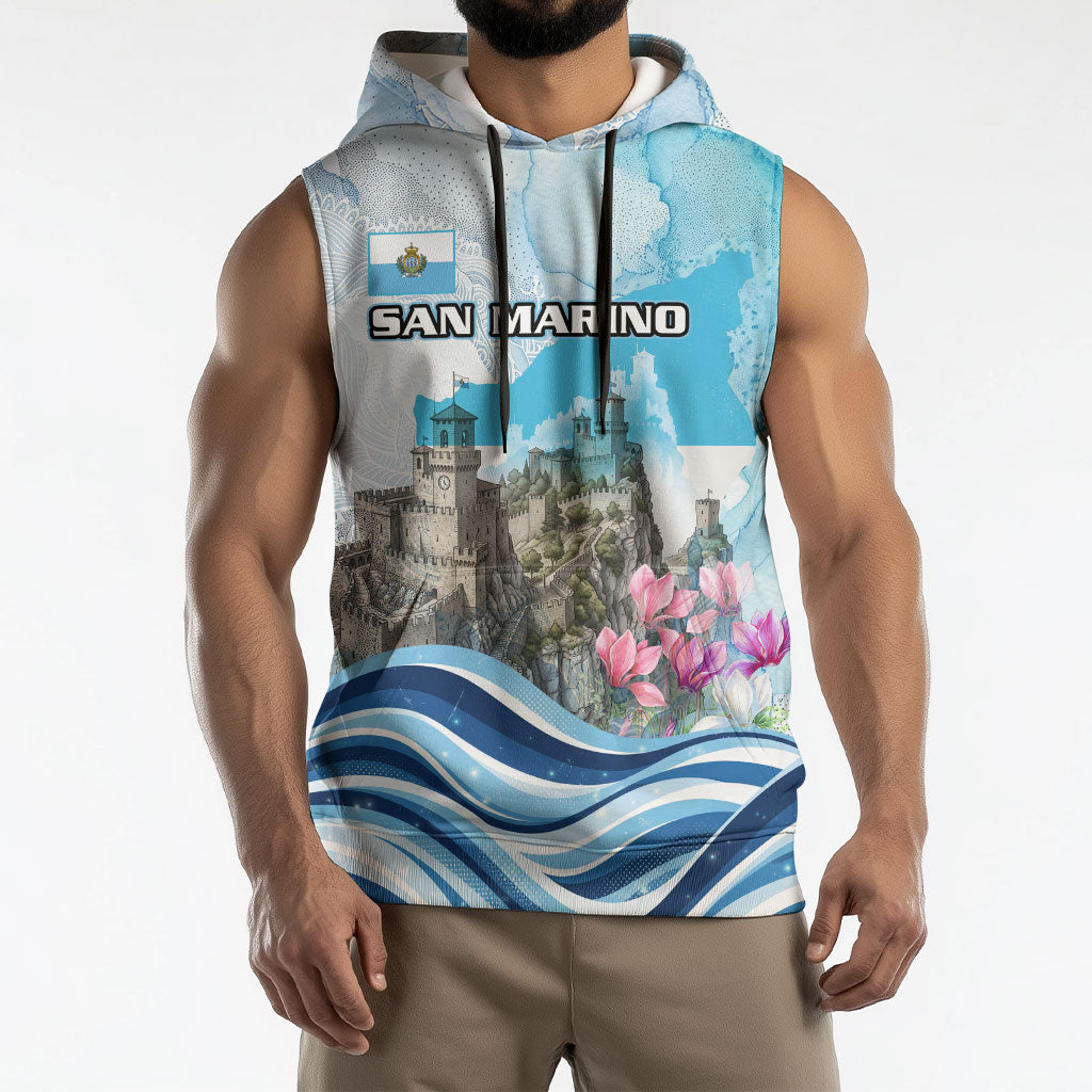 San Marino Foundation Day Sleeveless Hoodie Mount Titano Fortress Fox Falcon And Cyclamen