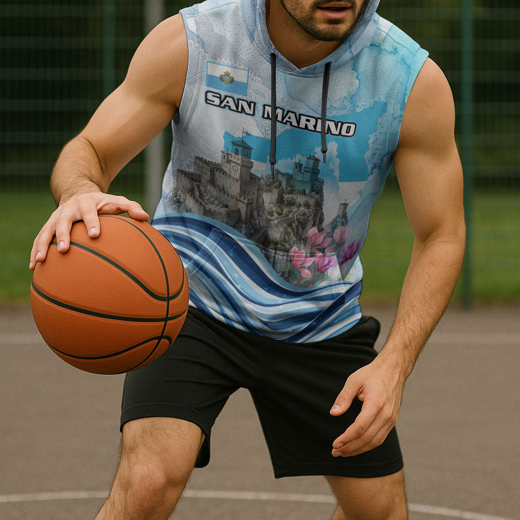 San Marino Foundation Day Sleeveless Hoodie Mount Titano Fortress Fox Falcon And Cyclamen