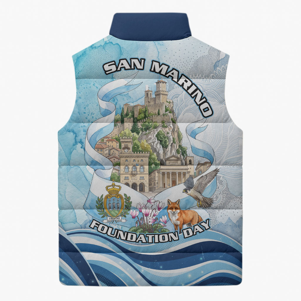 San Marino Foundation Day Sleeveless Puffer Jacket Mount Titano Fortress Fox Falcon And Cyclamen