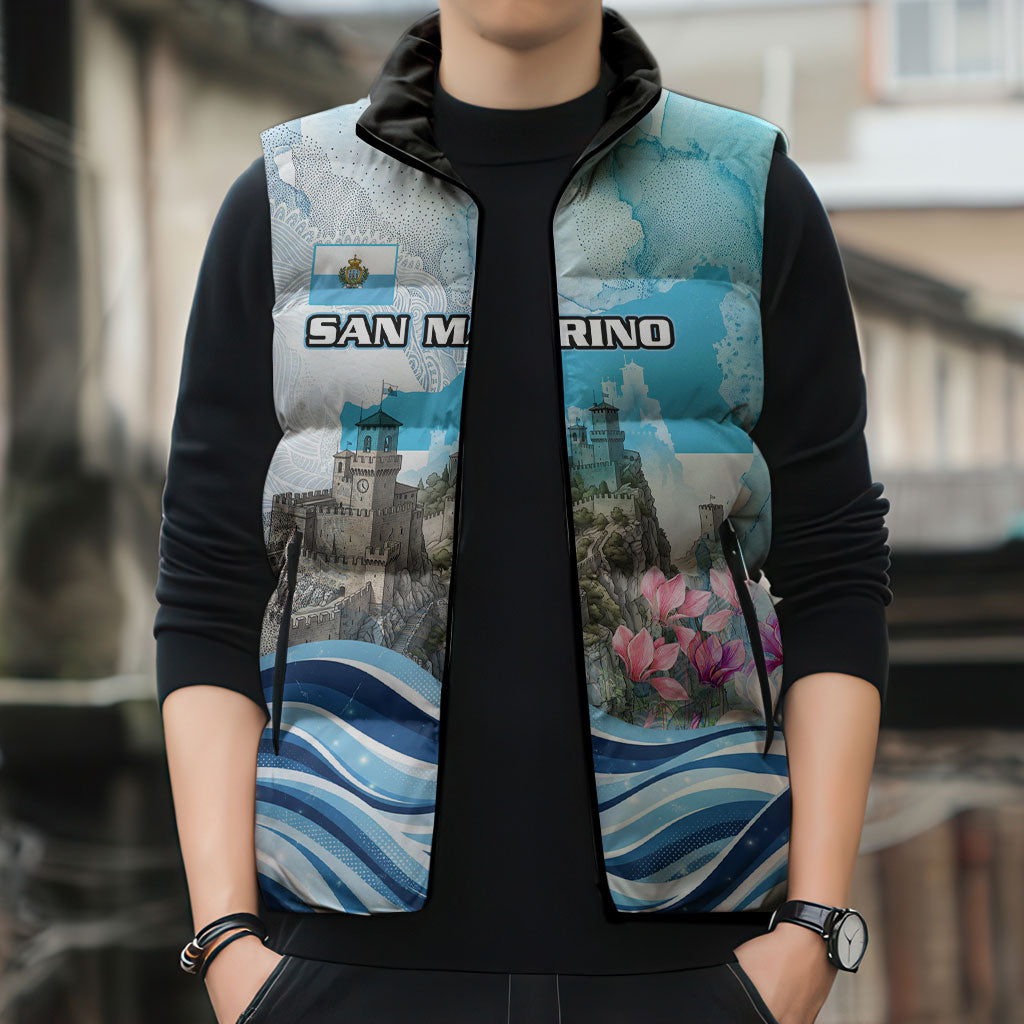 San Marino Foundation Day Sleeveless Puffer Jacket Mount Titano Fortress Fox Falcon And Cyclamen