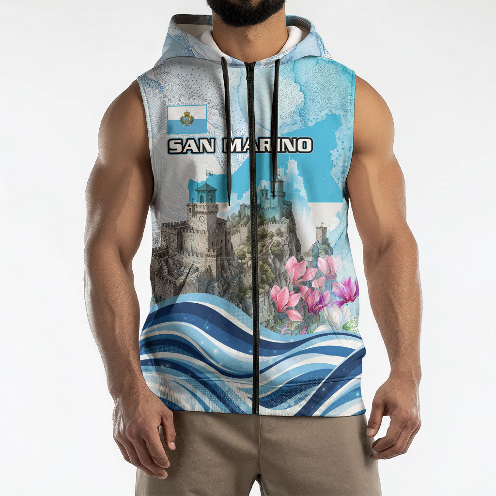 San Marino Foundation Day Sleeveless Zip Hoodie Mount Titano Fortress Fox Falcon And Cyclamen