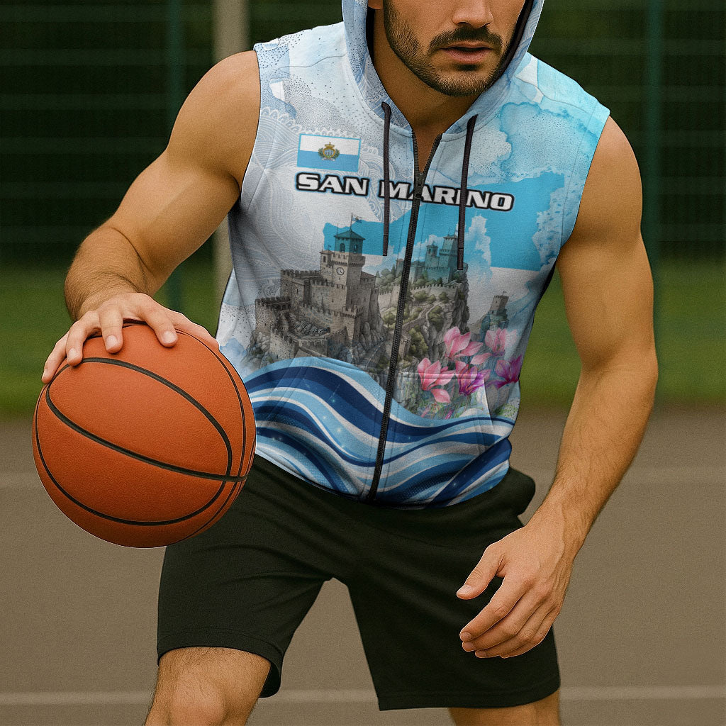 San Marino Foundation Day Sleeveless Zip Hoodie Mount Titano Fortress Fox Falcon And Cyclamen