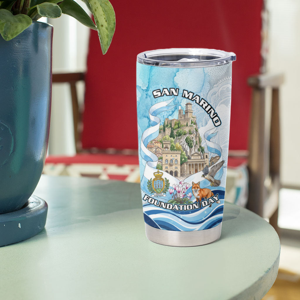 San Marino Foundation Day Tumbler Cup Mount Titano Fortress Fox Falcon And Cyclamen