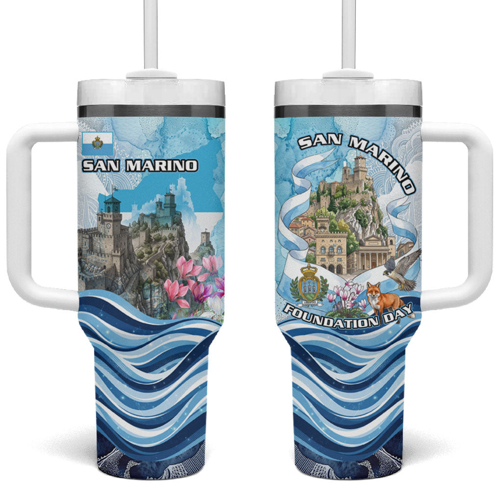 San Marino Foundation Day Tumbler With Handle Mount Titano Fortress Fox Falcon And Cyclamen