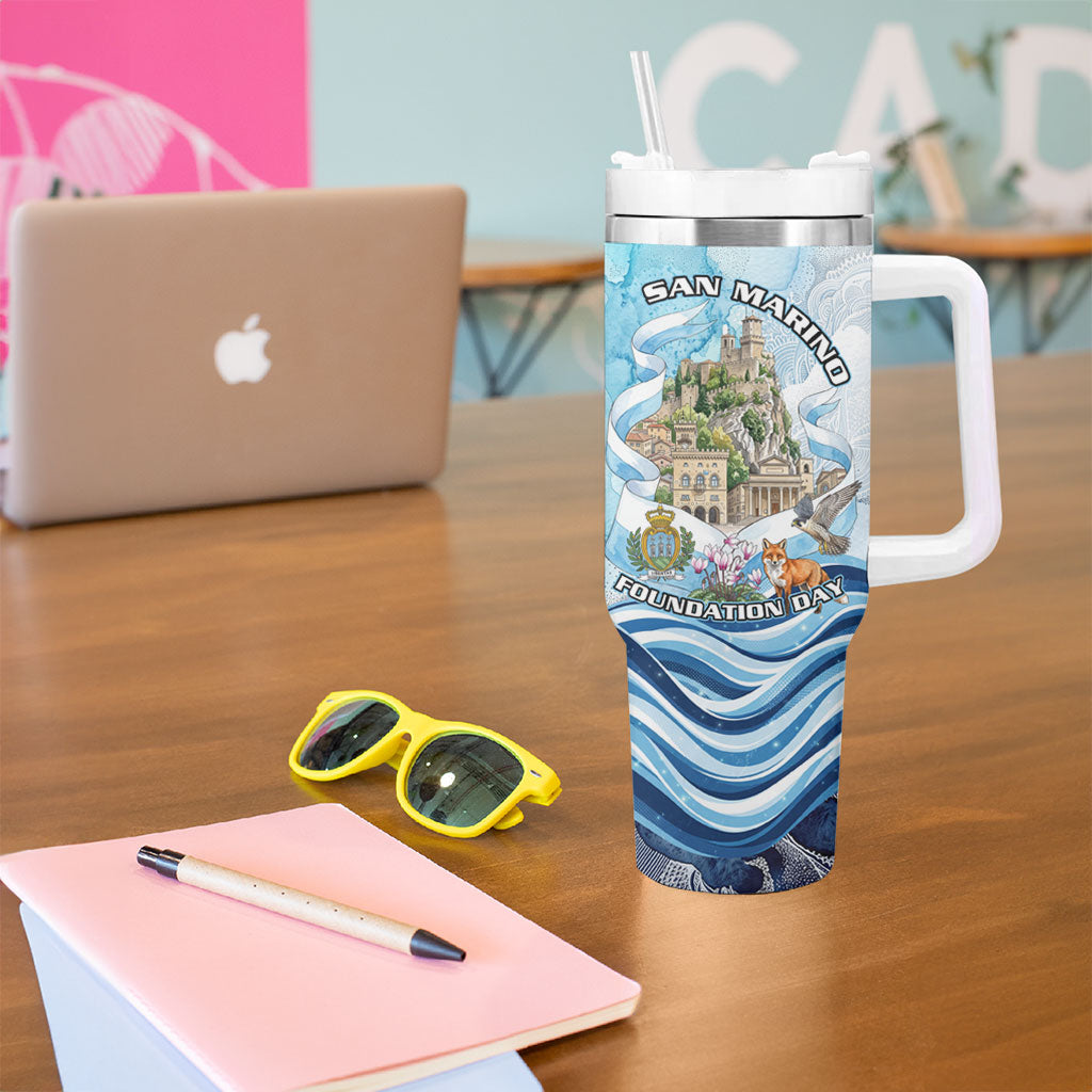 San Marino Foundation Day Tumbler With Handle Mount Titano Fortress Fox Falcon And Cyclamen