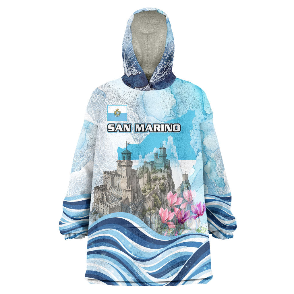 San Marino Foundation Day Wearable Blanket Hoodie Mount Titano Fortress Fox Falcon And Cyclamen