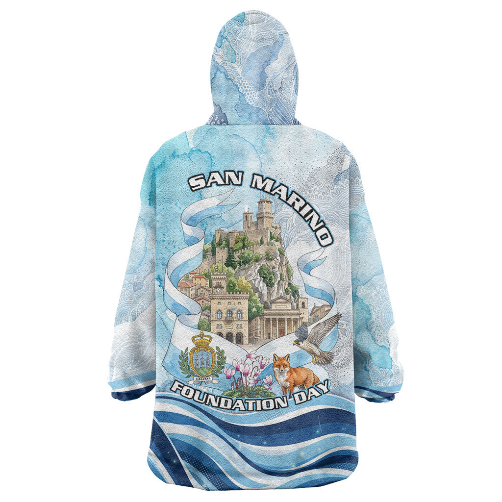 San Marino Foundation Day Wearable Blanket Hoodie Mount Titano Fortress Fox Falcon And Cyclamen