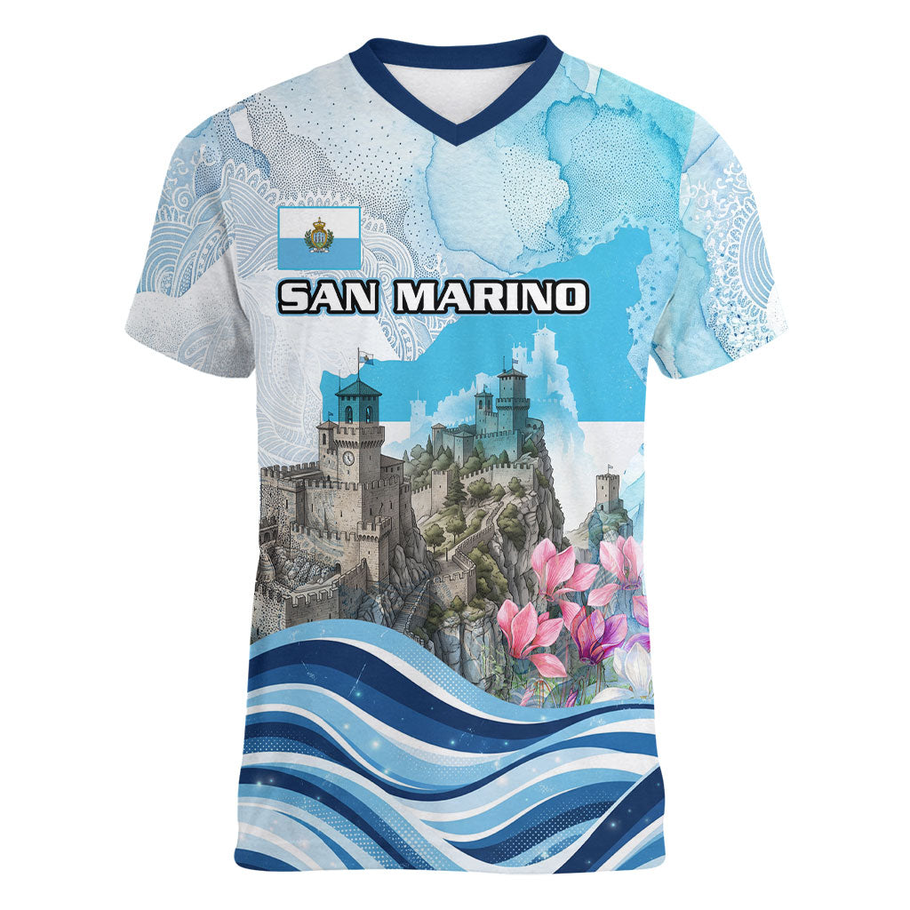 San Marino Foundation Day Women V-Neck T-Shirt Mount Titano Fortress Fox Falcon And Cyclamen