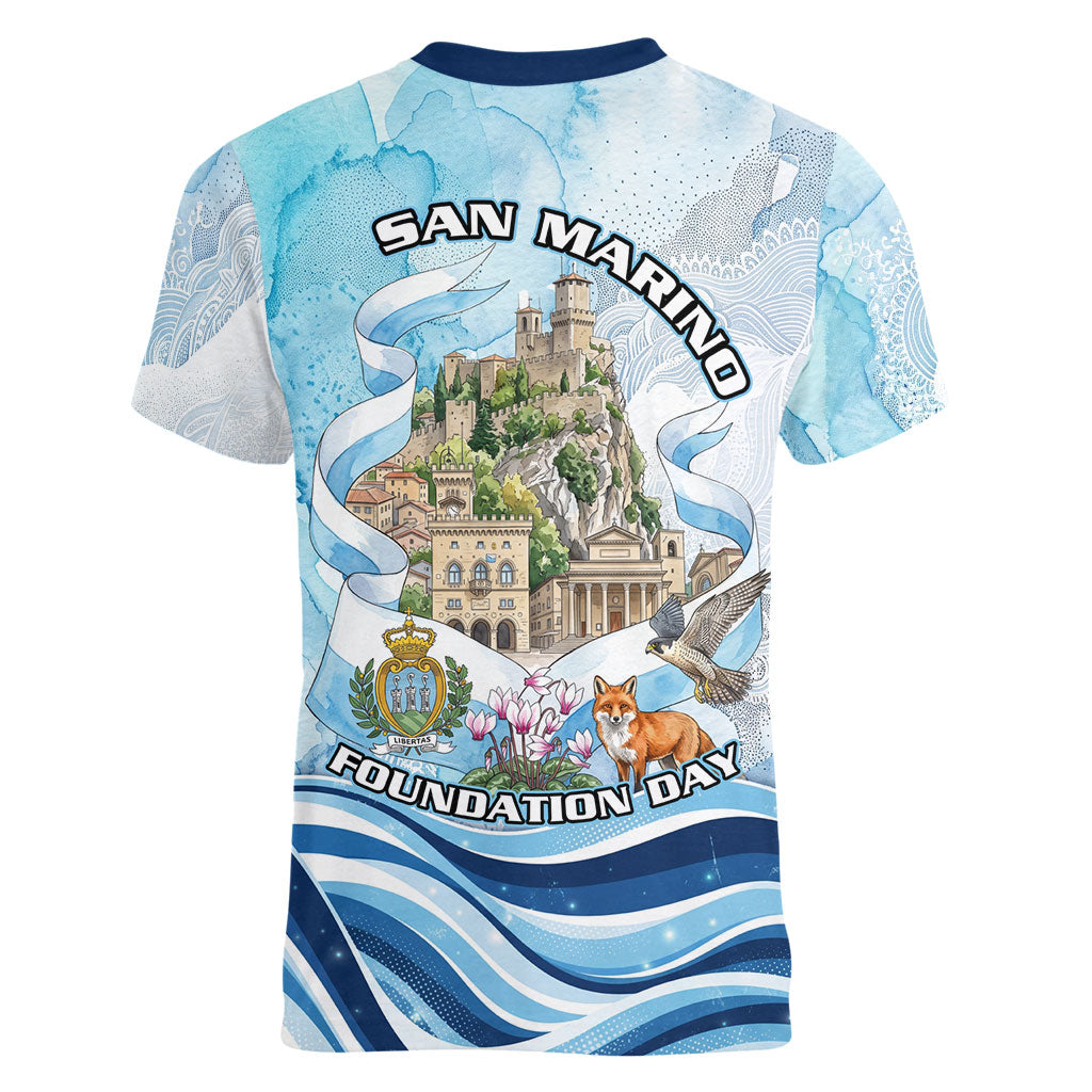 San Marino Foundation Day Women V-Neck T-Shirt Mount Titano Fortress Fox Falcon And Cyclamen