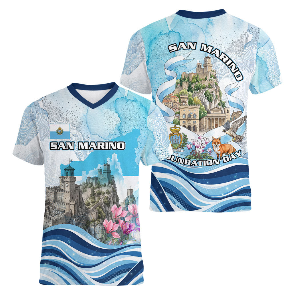 San Marino Foundation Day Women V-Neck T-Shirt Mount Titano Fortress Fox Falcon And Cyclamen