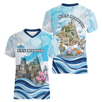 San Marino Foundation Day Women V-Neck T-Shirt Mount Titano Fortress Fox Falcon And Cyclamen