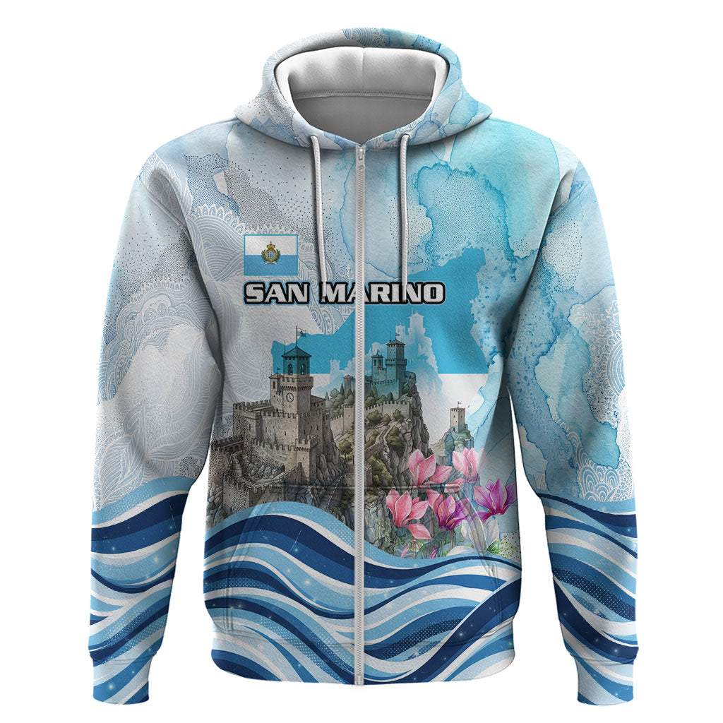 San Marino Foundation Day Zip Hoodie Mount Titano Fortress Fox Falcon And Cyclamen