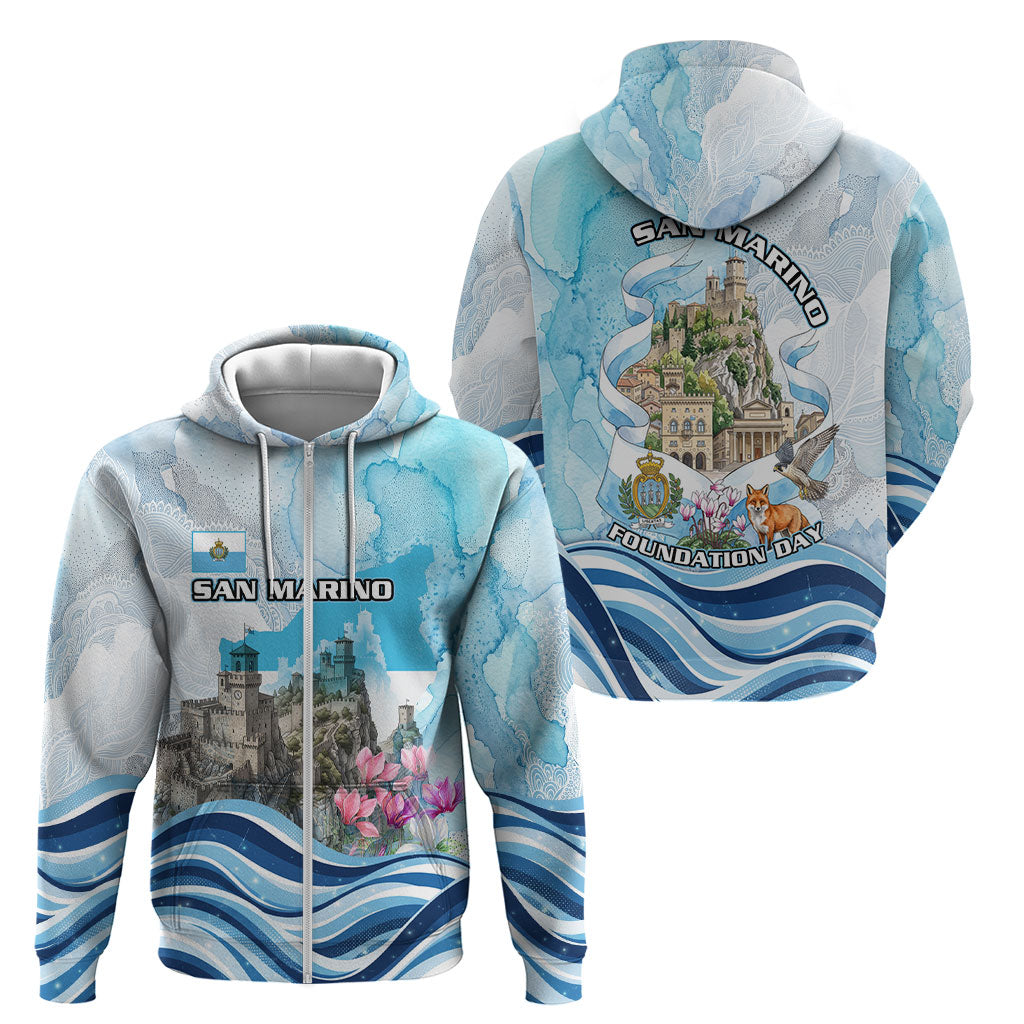 San Marino Foundation Day Zip Hoodie Mount Titano Fortress Fox Falcon And Cyclamen