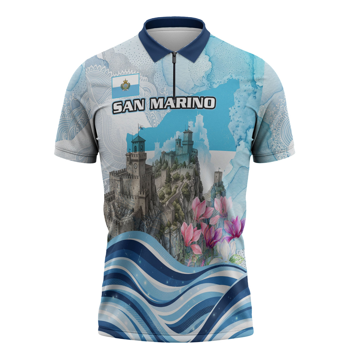 San Marino Foundation Day Zipper Polo Shirt Mount Titano Fortress Fox Falcon And Cyclamen