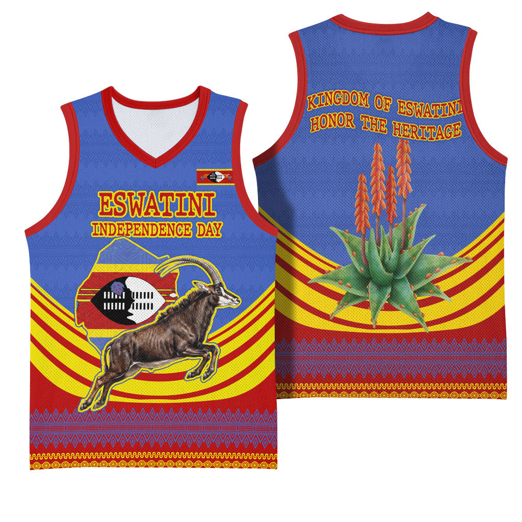 Eswatini Independence Day Basketball Jersey Sable Antelope - Aloe Succulent - Flag Shield