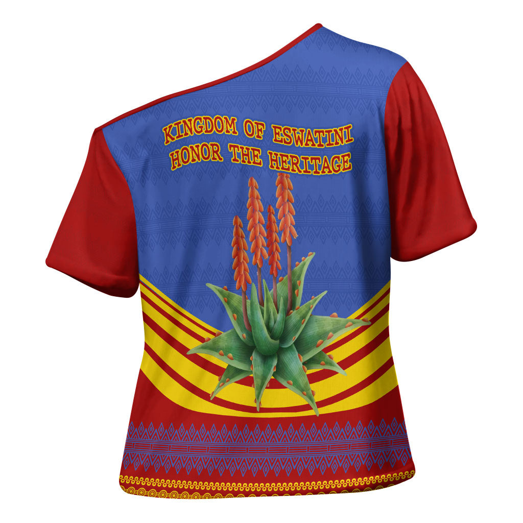 Eswatini Independence Day Cross Shoulder Shirt Sable Antelope - Aloe Succulent - Flag Shield