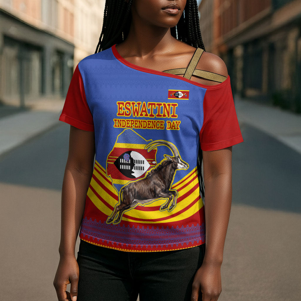 Eswatini Independence Day Cross Shoulder Shirt Sable Antelope - Aloe Succulent - Flag Shield