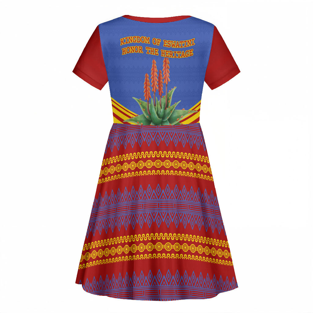 Eswatini Independence Day Kid Short Sleeve Dress Sable Antelope - Aloe Succulent - Flag Shield