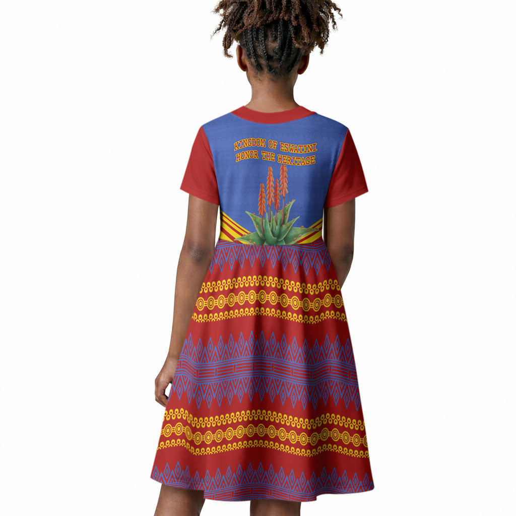 Eswatini Independence Day Kid Short Sleeve Dress Sable Antelope - Aloe Succulent - Flag Shield