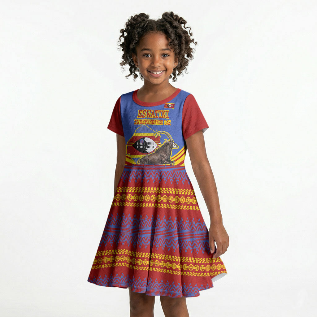 Eswatini Independence Day Kid Short Sleeve Dress Sable Antelope - Aloe Succulent - Flag Shield