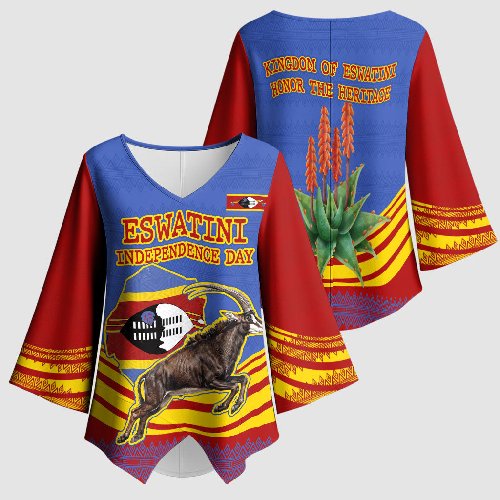 Eswatini Independence Day Kimono Sleeve Blouse Sable Antelope - Aloe Succulent - Flag Shield