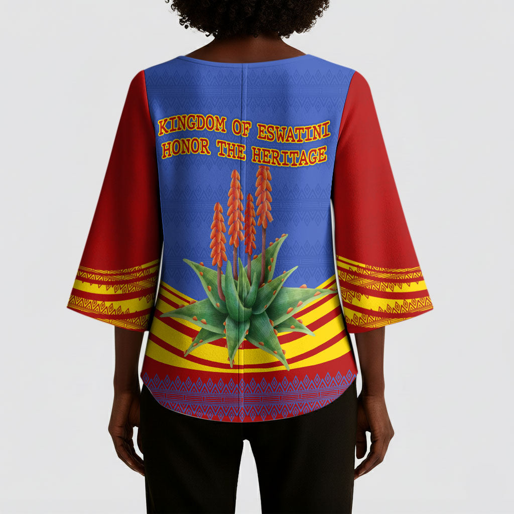 Eswatini Independence Day Kimono Sleeve Blouse Sable Antelope - Aloe Succulent - Flag Shield