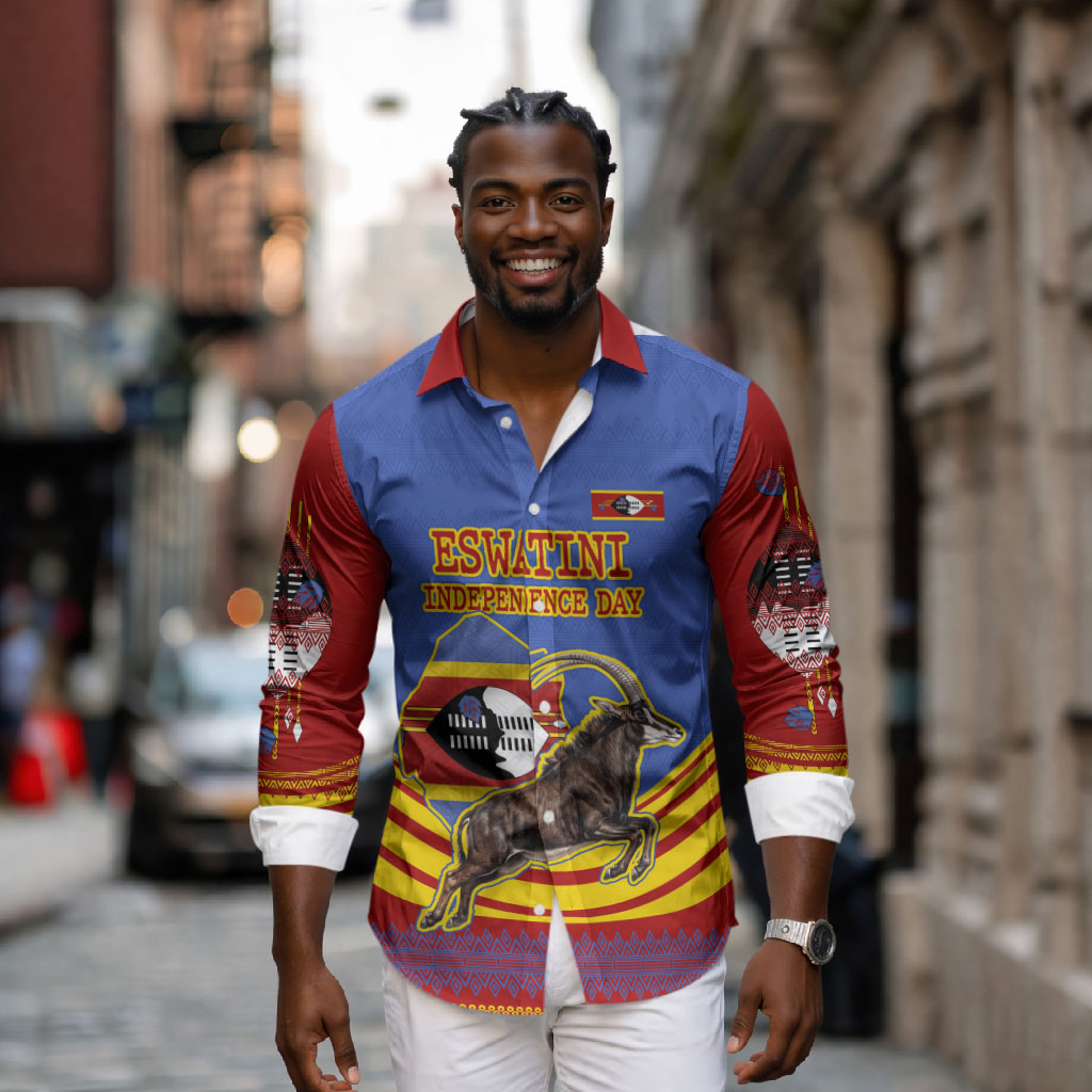Eswatini Independence Day Long Sleeve Button Shirt Sable Antelope - Aloe Succulent - Flag Shield