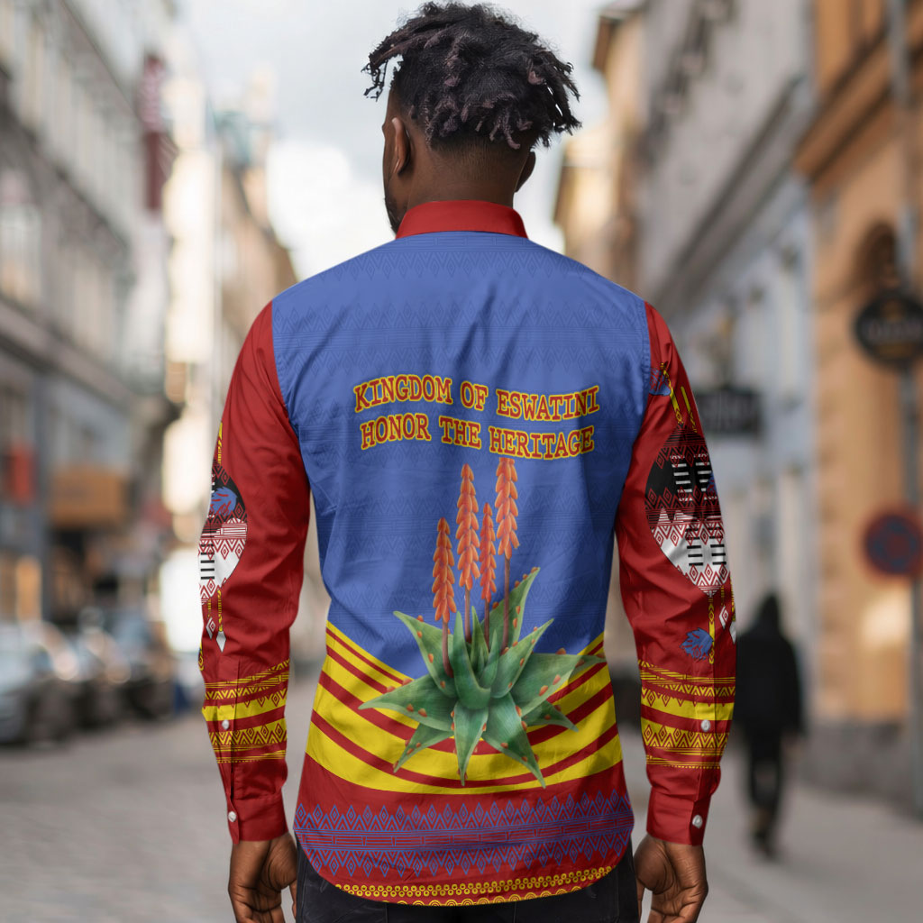 Eswatini Independence Day Long Sleeve Button Shirt Sable Antelope - Aloe Succulent - Flag Shield