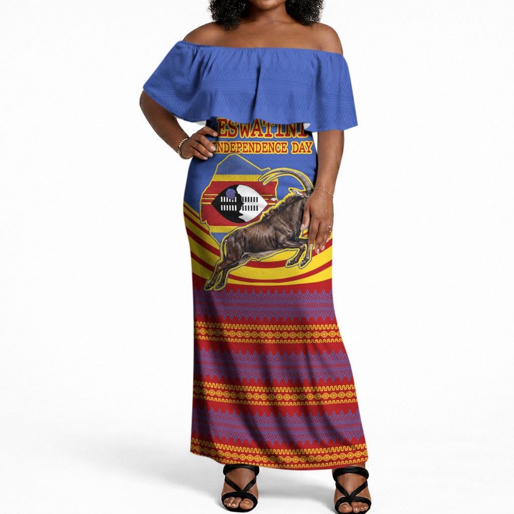 Eswatini Independence Day Off Shoulder Maxi Dress Sable Antelope - Aloe Succulent - Flag Shield