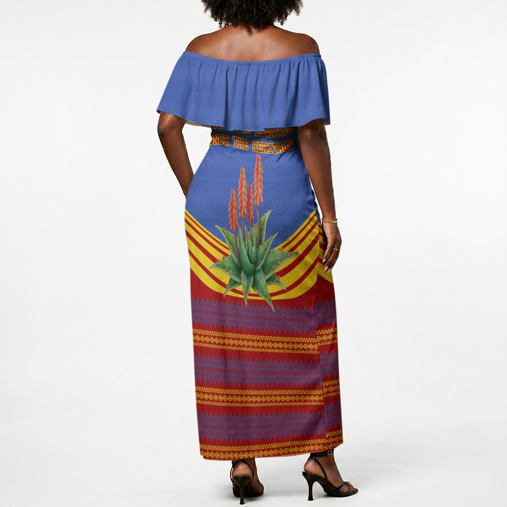 Eswatini Independence Day Off Shoulder Maxi Dress Sable Antelope - Aloe Succulent - Flag Shield