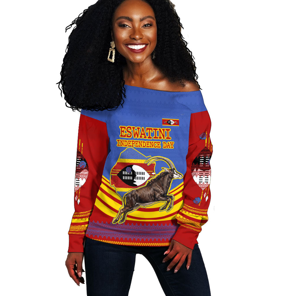 Eswatini Independence Day Off Shoulder Sweater Sable Antelope - Aloe Succulent - Flag Shield