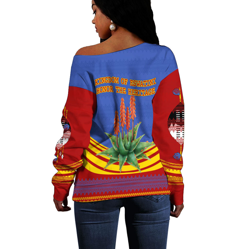 Eswatini Independence Day Off Shoulder Sweater Sable Antelope - Aloe Succulent - Flag Shield