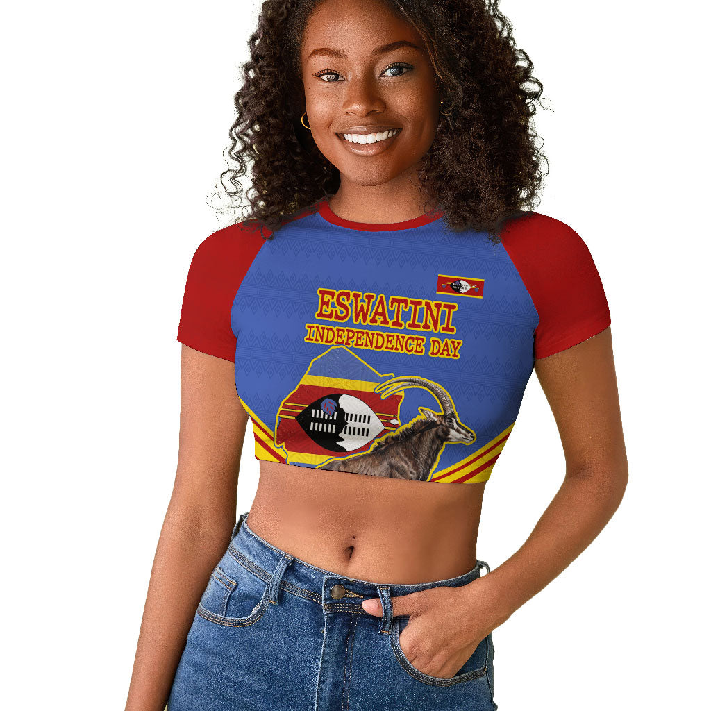 Eswatini Independence Day Raglan Cropped T shirt Sable Antelope - Aloe Succulent - Flag Shield