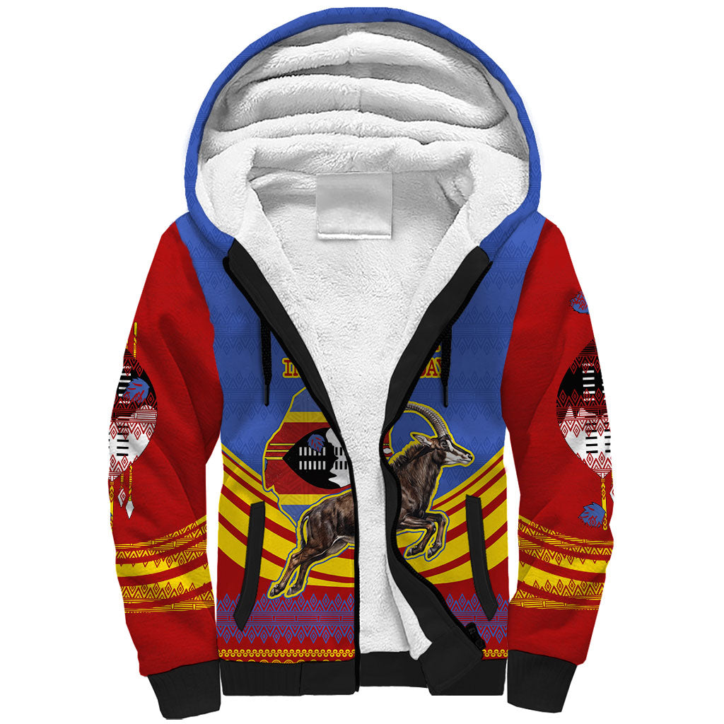 Eswatini Independence Day Sherpa Hoodie Sable Antelope - Aloe Succulent - Flag Shield
