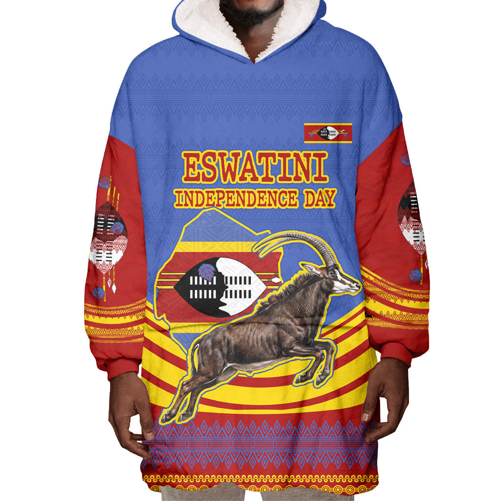 Eswatini Independence Day Wearable Blanket Hoodie Sable Antelope - Aloe Succulent - Flag Shield